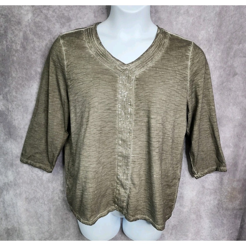 CHICOS Green Womens Top Shirt Blouse Large/2 Sequin V-neck 3/4 Sleeve Cotton - Picture 4 of 8